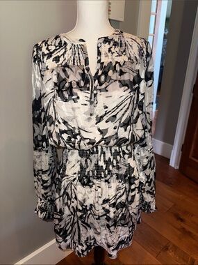 White House black market Women's Black & White Smocked Waist Long-Sleeve Dress
